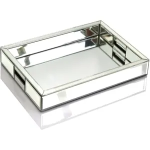 Rectangle Silver Mirror Decorative Tray Size 11" Length x 14" Width x 2" Height, Mirrored Vanity Organizer with Hand, Markup Perfume Jewelry Tray for Bathroom Bedroom Dresser Coffee Table qmdecor