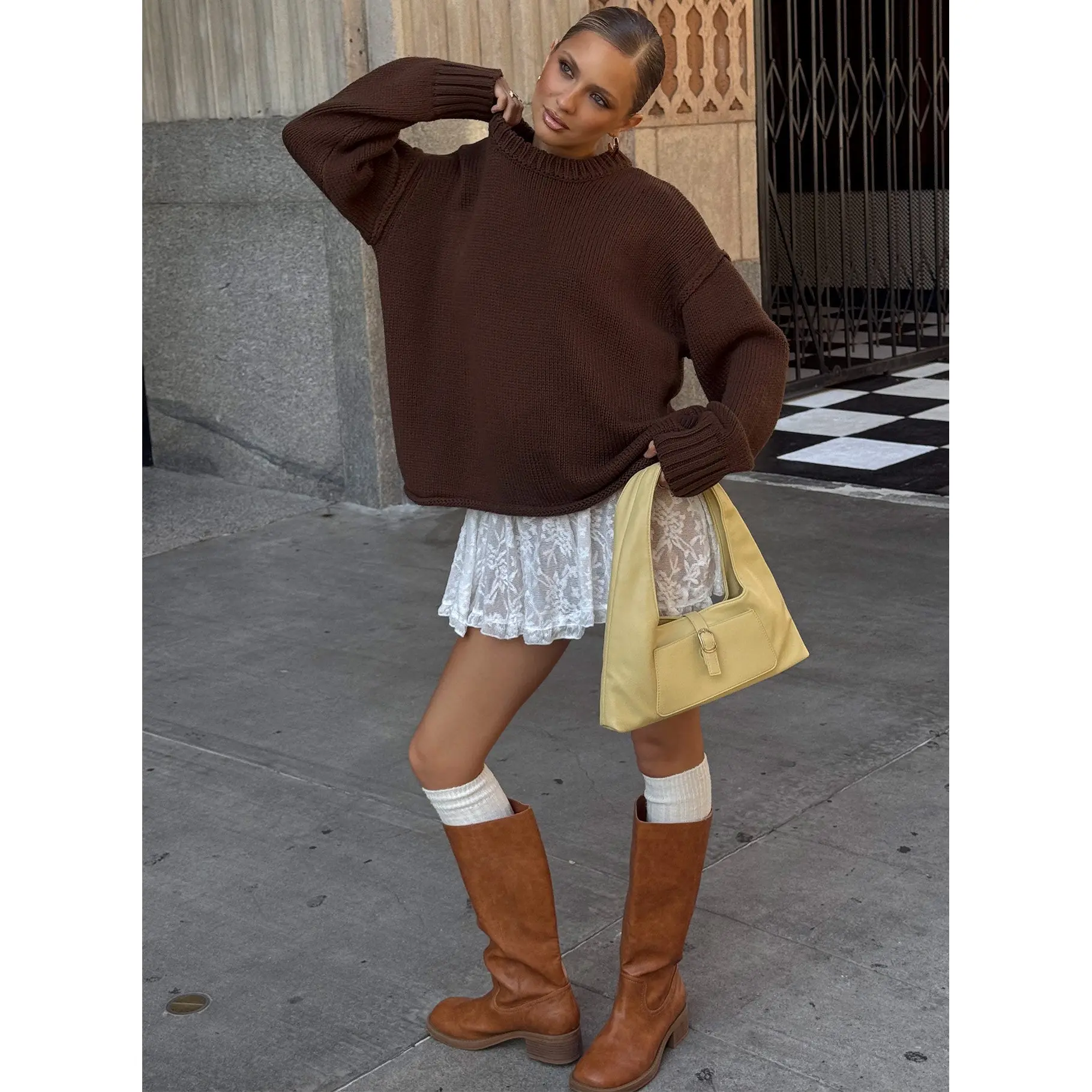 Wilda Crew Neck Knit Sweater Brown Wilda Crew Neck Knit Sweater Brown