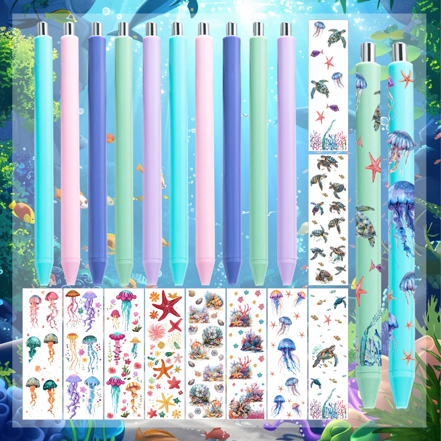 Elegant Ocean Life UV DTF Pen Wraps and Macaron Plastic Pen Set, 20/40 Piece DIY Craft Kit, Cute Sticker Supplies for Party Gifts