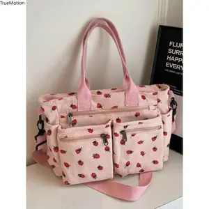 Women's Cute Strawberry Print Canvas Tote Bag, Large Capacity Aesthetic Shoulder Bag, Trendy Casual Everyday Handbag for Shopping Travel Daily Commuting Summer Use
