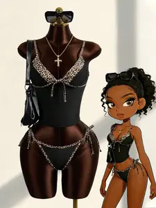 DAISY x Zestiva Women's Leopard Print Lace-Up Spaghetti Strap Tankini Swimwear Set