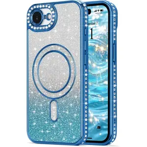 For iPhone 17e 16e Cellphone Case Magnetic Protective Case [Compatible with MagSafe][Glitter Card & Wrist Strap], Bling Sparkle Rhinestone Diamond Raised Lens Protection Cover Accessories