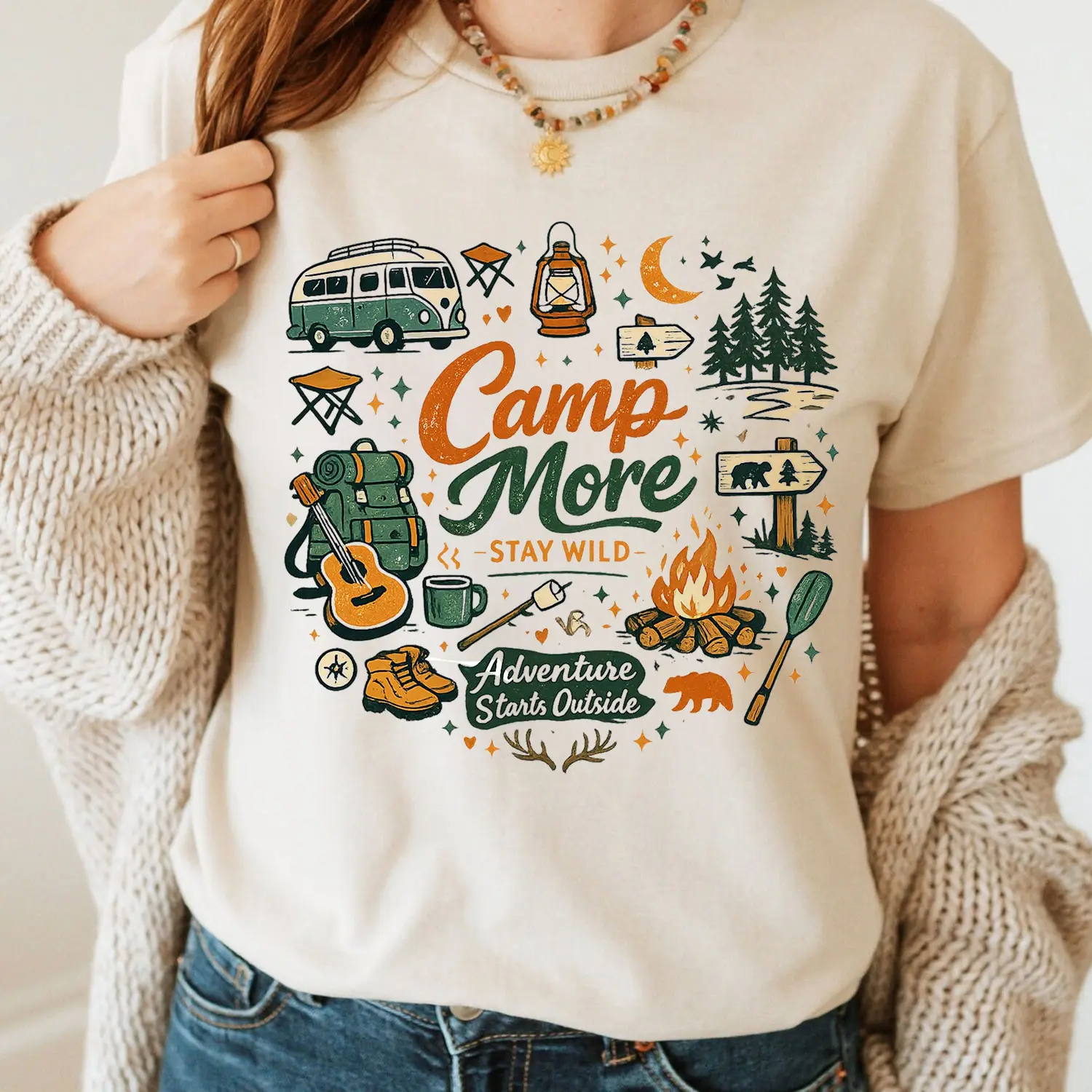 Retro Camper Van Camping Shirt, Retro Camp More Stay Wild Adventure Stars Outside Graphic Oversized T-Shirt, Capming Life Style Short Sleeve Printed Graphic Shirt, Daily Casual Cotton Menswear