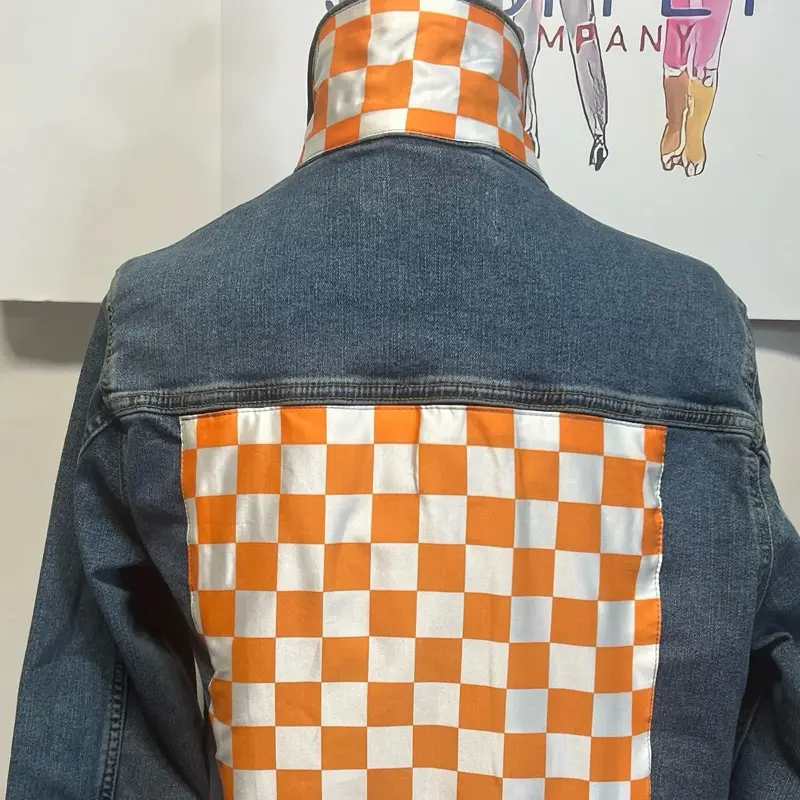 Orange White Checkerboard Denim Jacket with Unique Orange Checkered Lining Design