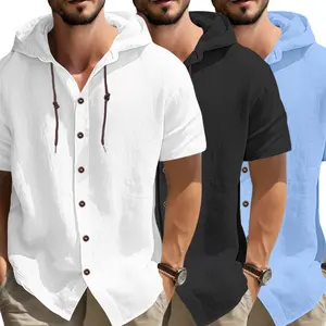 Men's Casual Tropical Hooded Long-Sleeve Top, Regular Fit Casual Shirt with Adjustable Drawstring Brim, Button Detail, Non-Elastic Fabric, for Outdoor Hiking, Spring & Autumn Daily Wear, Shortsleeve