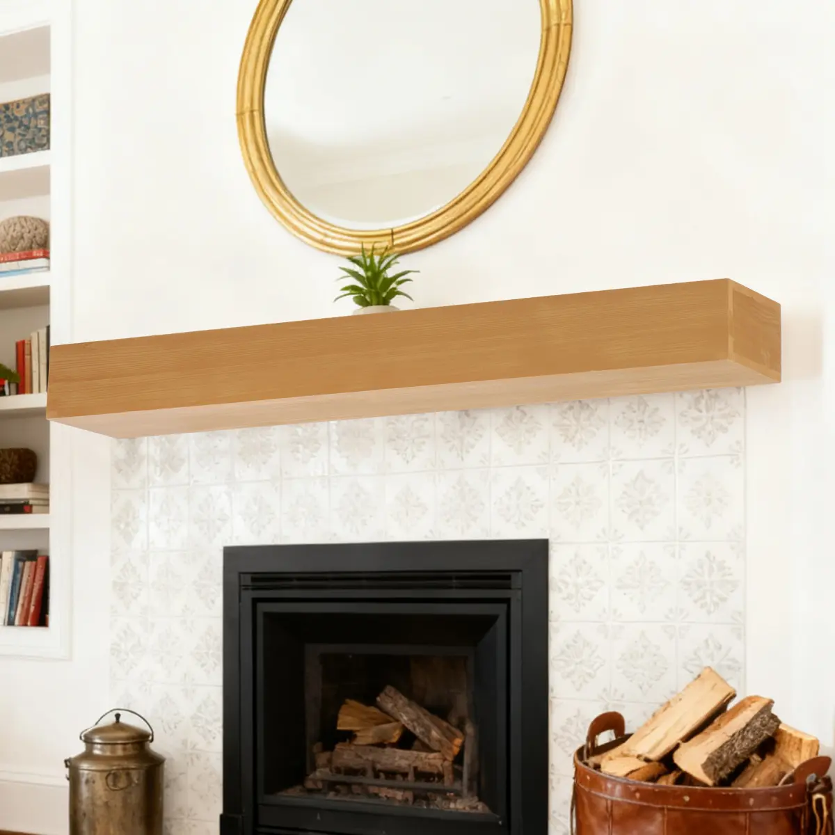 48in Solid Wood Farmhouse Fireplace Mantel Shelf, Durable Fir Wall-Mount Floating Shelves with Flat Surface, Hollow Metal Classy Design for Home Decor, Study Room Organization