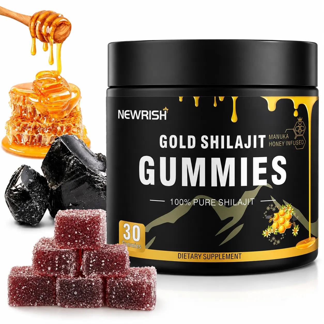 Newrish Pure Shilajit Gummies - Organic Manuka HoneyBoost Energy & Stamina-Sports & Fitness - 30 ShilajitGummies-100% Natural & Organic