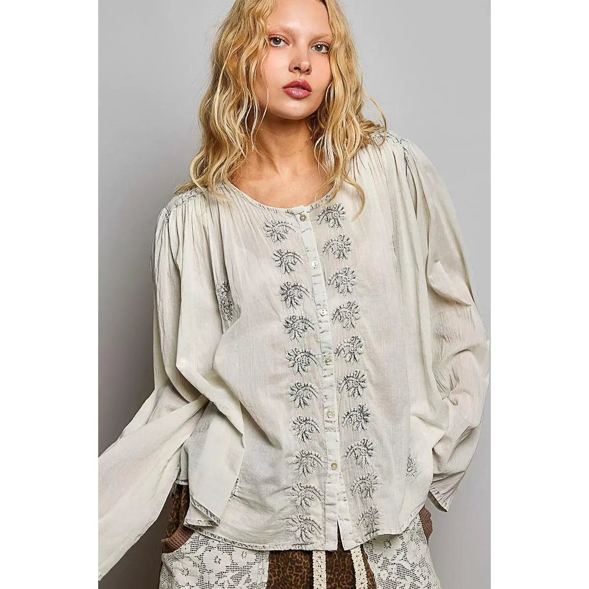 POL Embroidered Button Front Woven Shirt