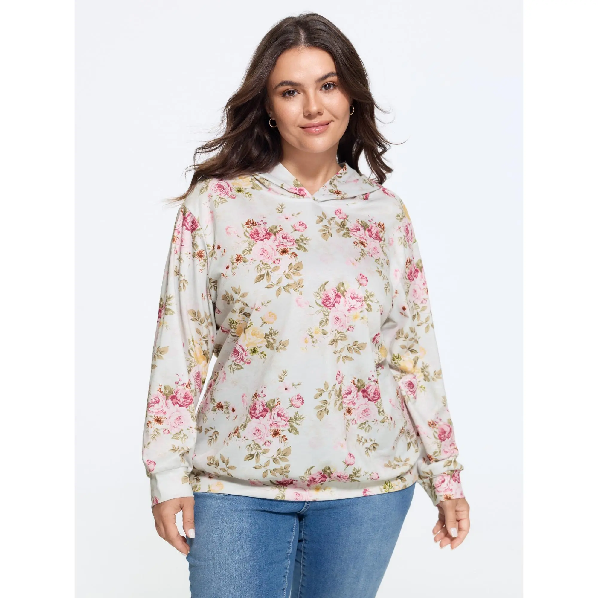 BLOOMCHIC Plus Size Rose Print Hooded Loose Fit Sweatshirt[M-6X] 2026 Summerfinds