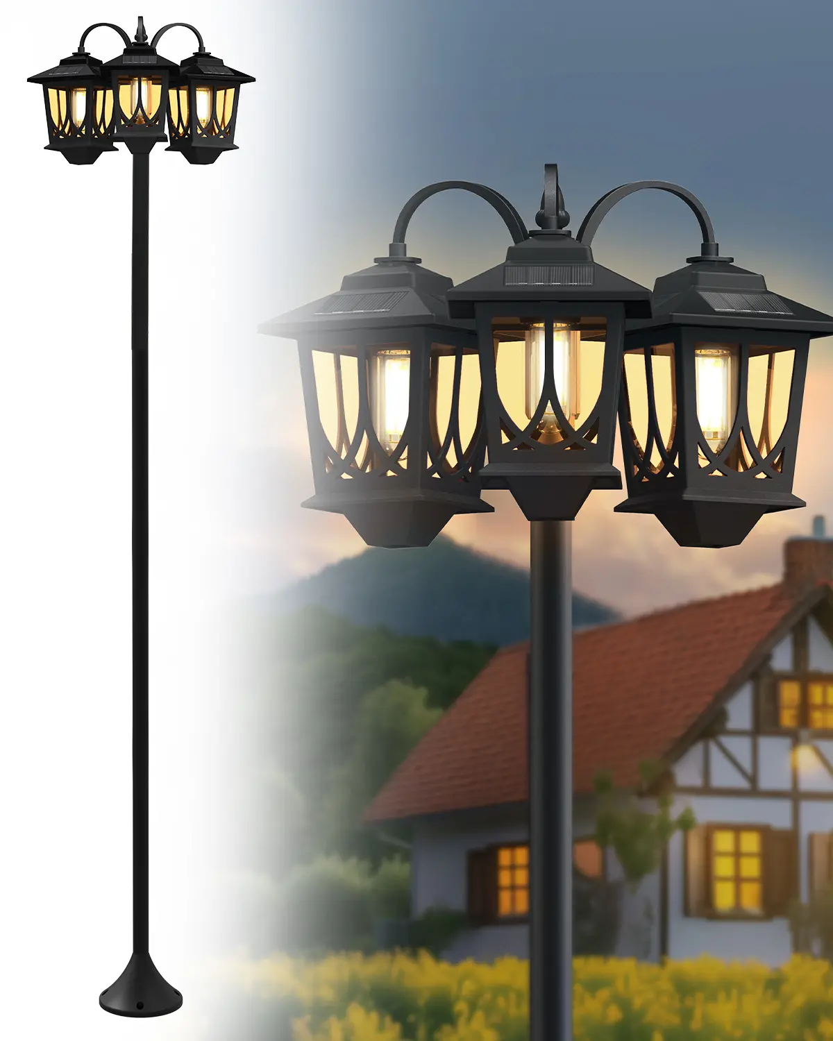 DERAYSION  3-Head Solar Lamp Post Light, Adjustable Height (26.8"-74.2") Outdoor Solar Street Light, IP65 Waterproof Dusk to Dawn Solar Pathway Light with Edison Bulb (Incl 2 Extra Bulbs) for Yard, Patio, Pathway, Driveway Decor