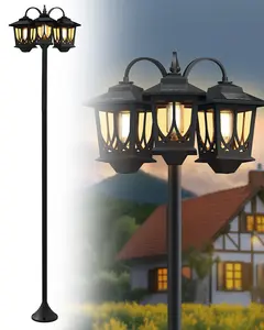 3-Head Solar Lamp Post Light, Adjustable Height (26.8"-74.2") Outdoor Solar Street Light, IP65 Waterproof Dusk to Dawn Solar Pathway Light with Edison Bulb (Incl 2 Extra Bulbs) for Yard, Patio, Pathway, Driveway Decor