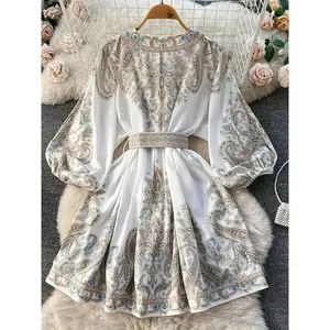 Women’s Elegant V-Neck Retro Lantern Sleeve Dress – Paisley Print A-Line Maxi Dress with Adjustable Waist Tie, Black & White, All-Season Versatile for Casual & Formal Occasions, Seasonal Fashion | Structured Silhouette