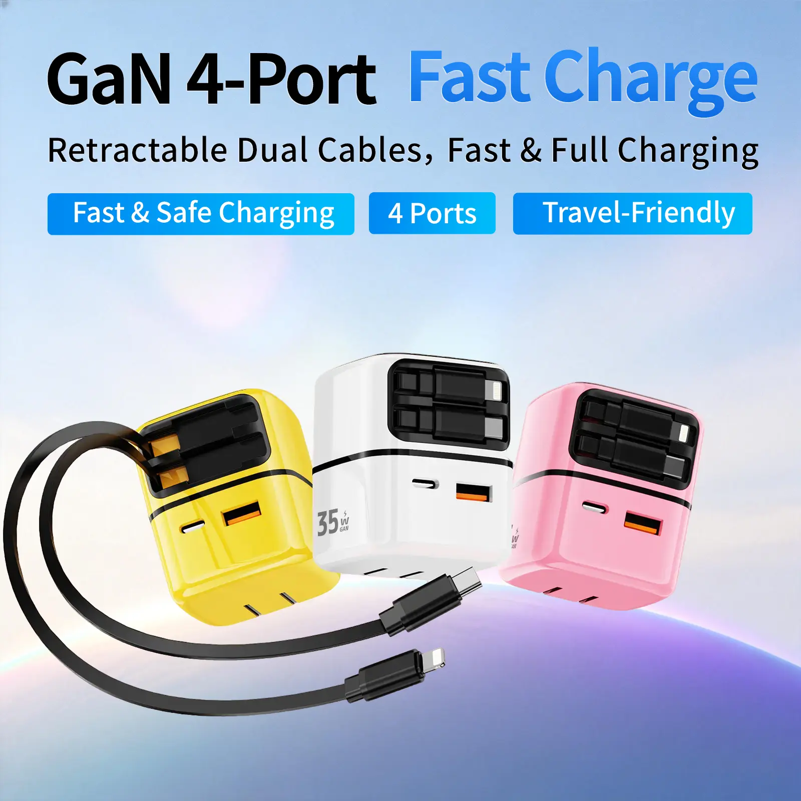 [Local Warehouse] 35W 4-in-1 Retractable Gallium Nitride Wall Charger with 2.5ft Retractable Type-C and Lightning Cables - Compatible with iPhone, iPad, Apple Watch, etc. - Compatible with Portable Chargers, Smartwatches, iPhone 15 Pro Max Charger