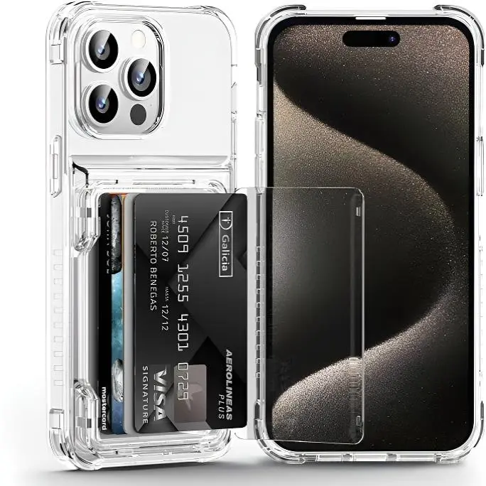 Transparent Card Storage Phone Case for iPhone 17/16/15/14/13/12/11 Pro Max Plus Air, Clear Wallet Protector with Metal Camera Decorations