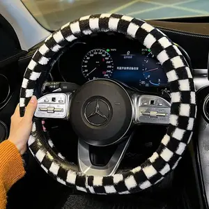 Microfiber Plush  Steering Wheel Cover for Women, Classical Black White Checkerboard , Universal 15 Inch