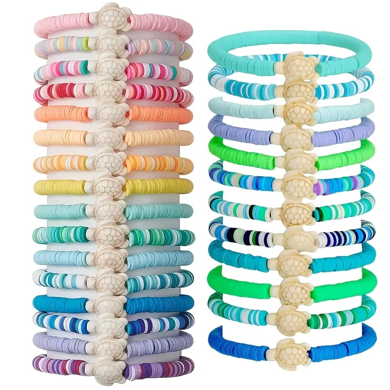 Polymer Clay Beaded Stretch Bracelets, 28-Piece Unisex Boho Stackable Set with Turtle Design, Pastel Jewelry for Daily & Vacation Wear, Handmade Gifts, Boho Casual, Beach Turtle, Bracelet Stacking, Unisex Size, Bejeweled Style