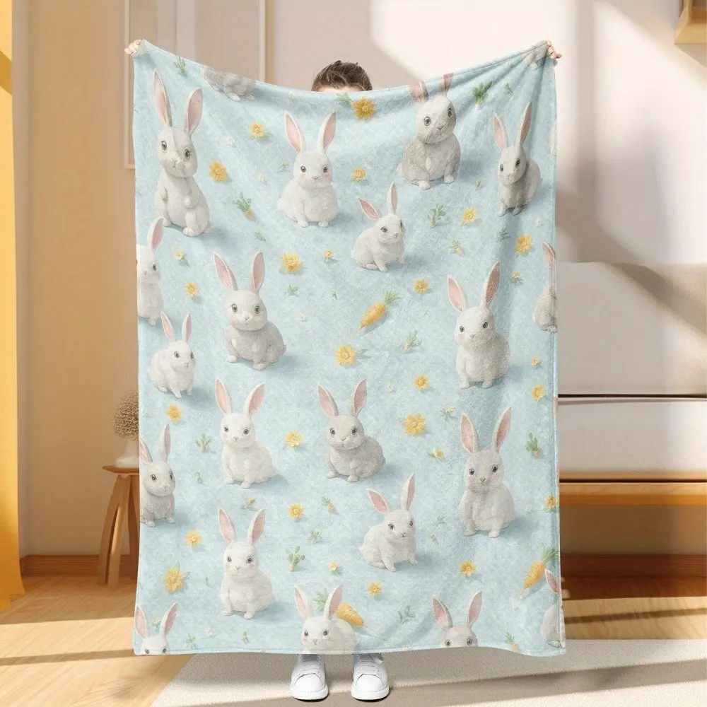 Pastel Light Blue Cute Bunny Rabbit Carrot Flower Flannel Blanket - Spring Easter Themed Soft Cozy Warm Fuzzy Plush Throw, Ideal Baby Shower Birthday Gift for Kids, Nursery Bedroom Sofa Home Decor
