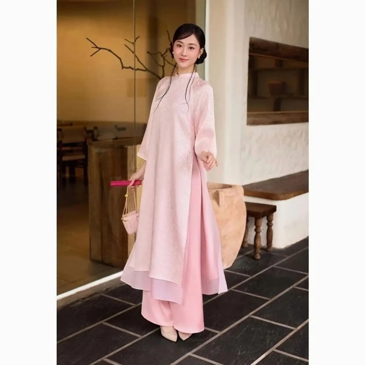 Elegant Pastel Brocade Ao Dai – Traditional Vintage Style Tunic Set