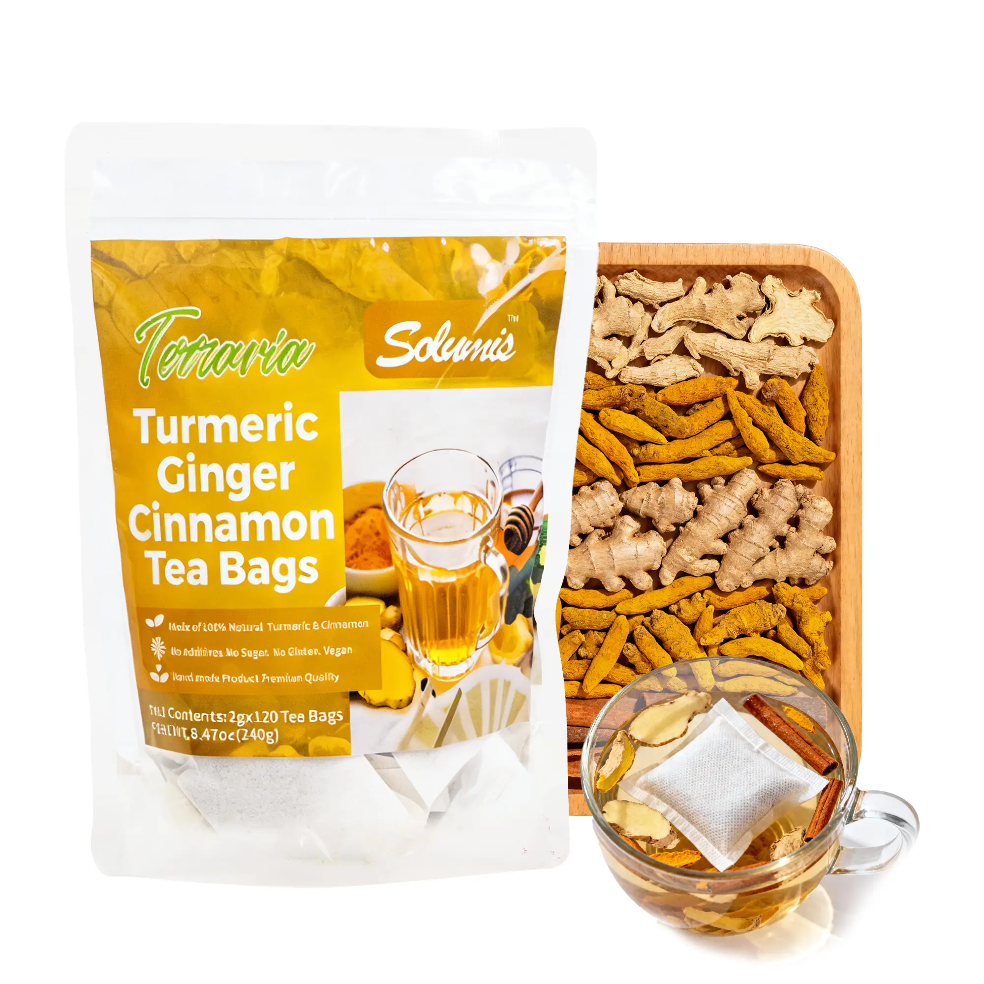 Solumis 100% Natural Organic Turmeric Herbal Tea Packets - Eco-Friendly, Anti-Inflammatory, Keto-Compliant, Sugarless, Decaffeinated, Gluten-Free, Vegan Digestive Beverage with Ginger, Cinnamon, Goji Berry for Gentle Detox