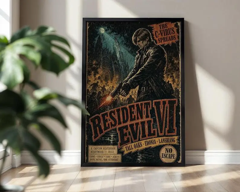 Resident Evil 6 Poster | Leon Kennedy Vintage Horror Art Print | C-Virus Gamer Wall Decor | Capcom Game Room Decor | Framed  Poster Print Unframed