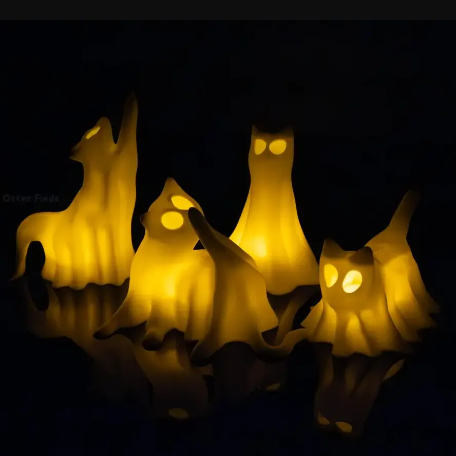 Ghost Cats with LED Tea Lights Halloween Home Decor Gifts for Cat Lovers Office Desk Autumn Decor 3D Printed Ghost Pet Night Light Spooky Cute Ghost Cat Night Light LED Halloween Decor Animal Lamp Desk Ornament