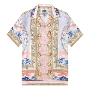 Baroque Globe Pattern Print Short Sleeve Camp Collar Shirt