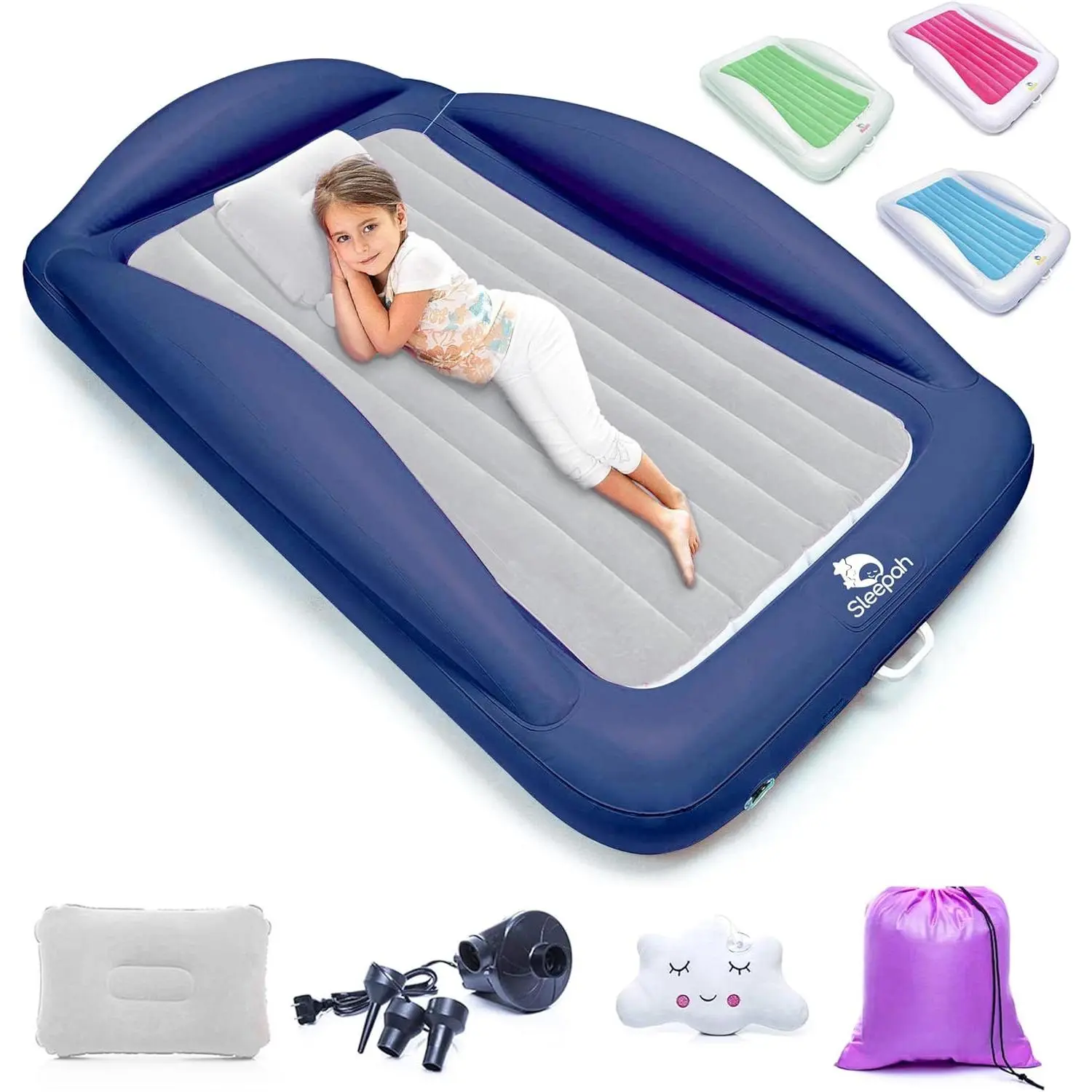 Sleepah Inflatable Toddler Travel Bed With High Safety Bed Rails With Pump Pillow Case – Grey