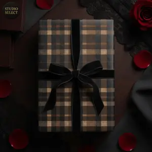 [Sale off up to 50%] Plaid Wrapping Paper Black Brown Check Gift Wrap Roll for Holiday or Birthday Presents