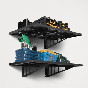 GARVEE 2 Pack Garage Storage Rack, 24" x 36" Heavy Duty Wall Shelf Garage Storage Rack Floating Shelves with Hooks,  with 280Lbs Capacity, for Garage, Warehouse, Storage Room