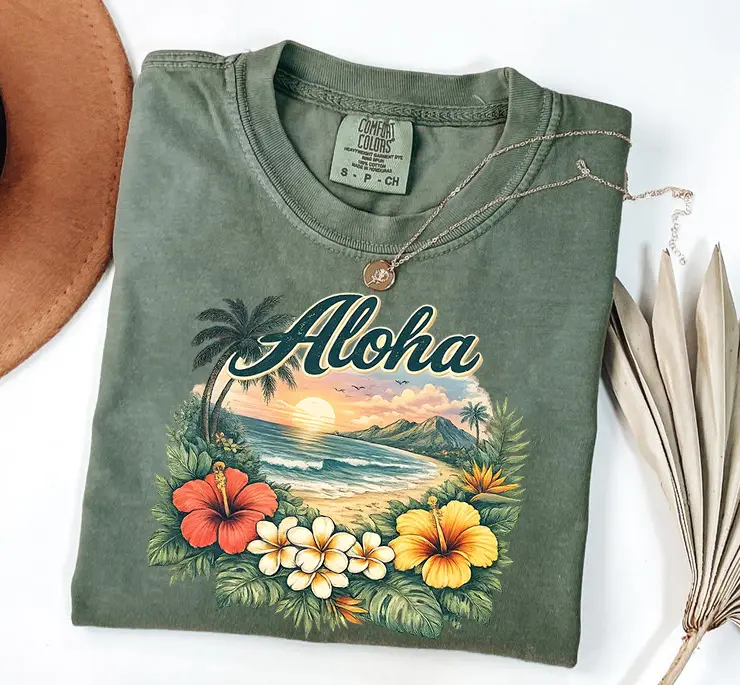 Women's Comfort Colors Aloha Tropical Graphic Tee - Ocean, Paradise, Island-Themed Top for Sun-Soaked Vacations, Versatile with Casual Accessories