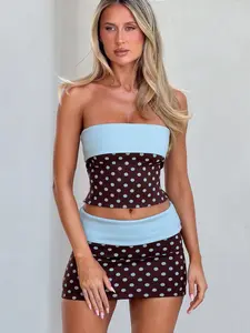 Women's Retro Polka Dot Knit Two-Piece Set, Slim-Fitting Backless Crop Top & Bodycon Skirt, Casual All-Season Clothes Set