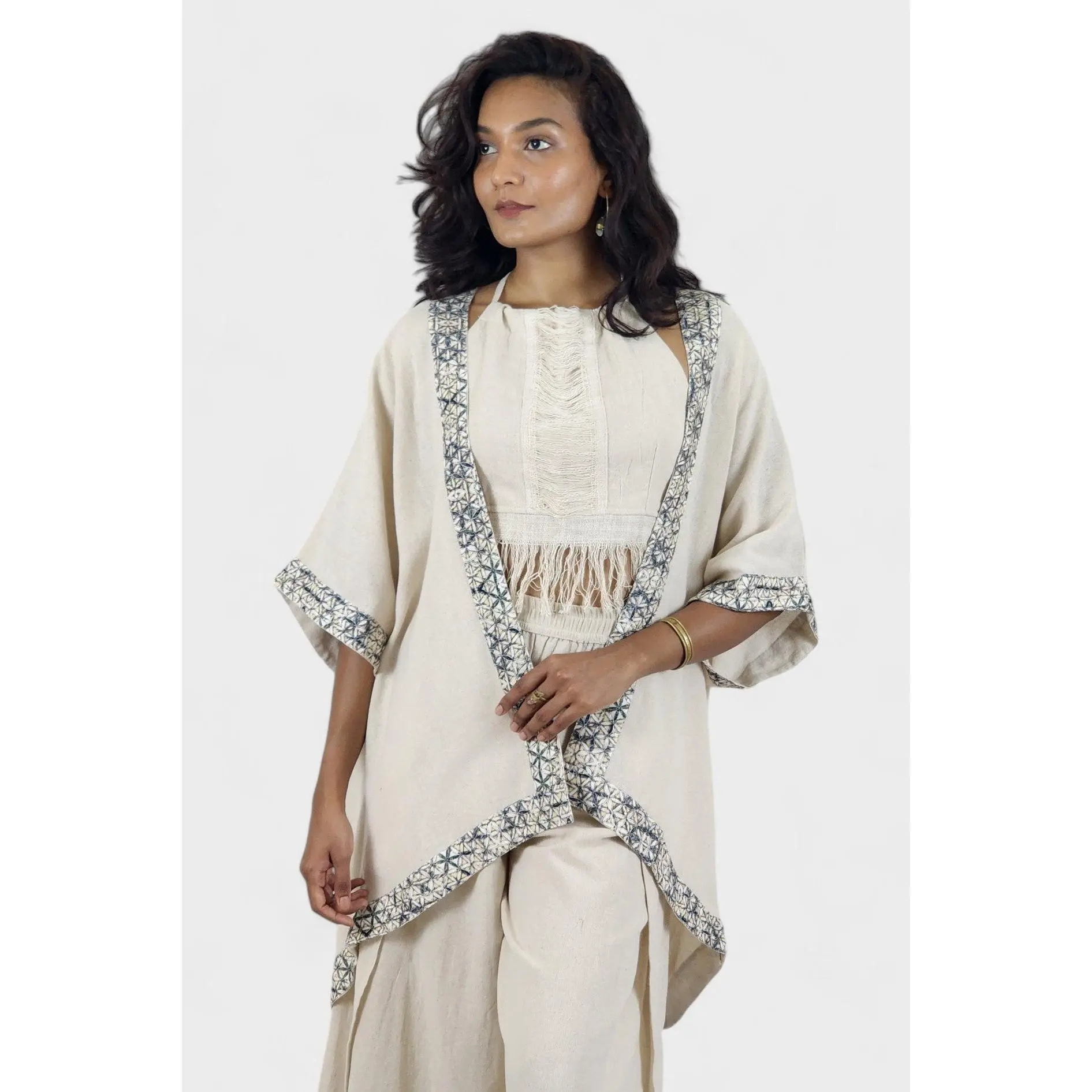 Flower of Life Organic Cotton Shrug Cream Loose-Fitting Long Drape Top for Summer Womenswear Breathable Lightweight Blouse