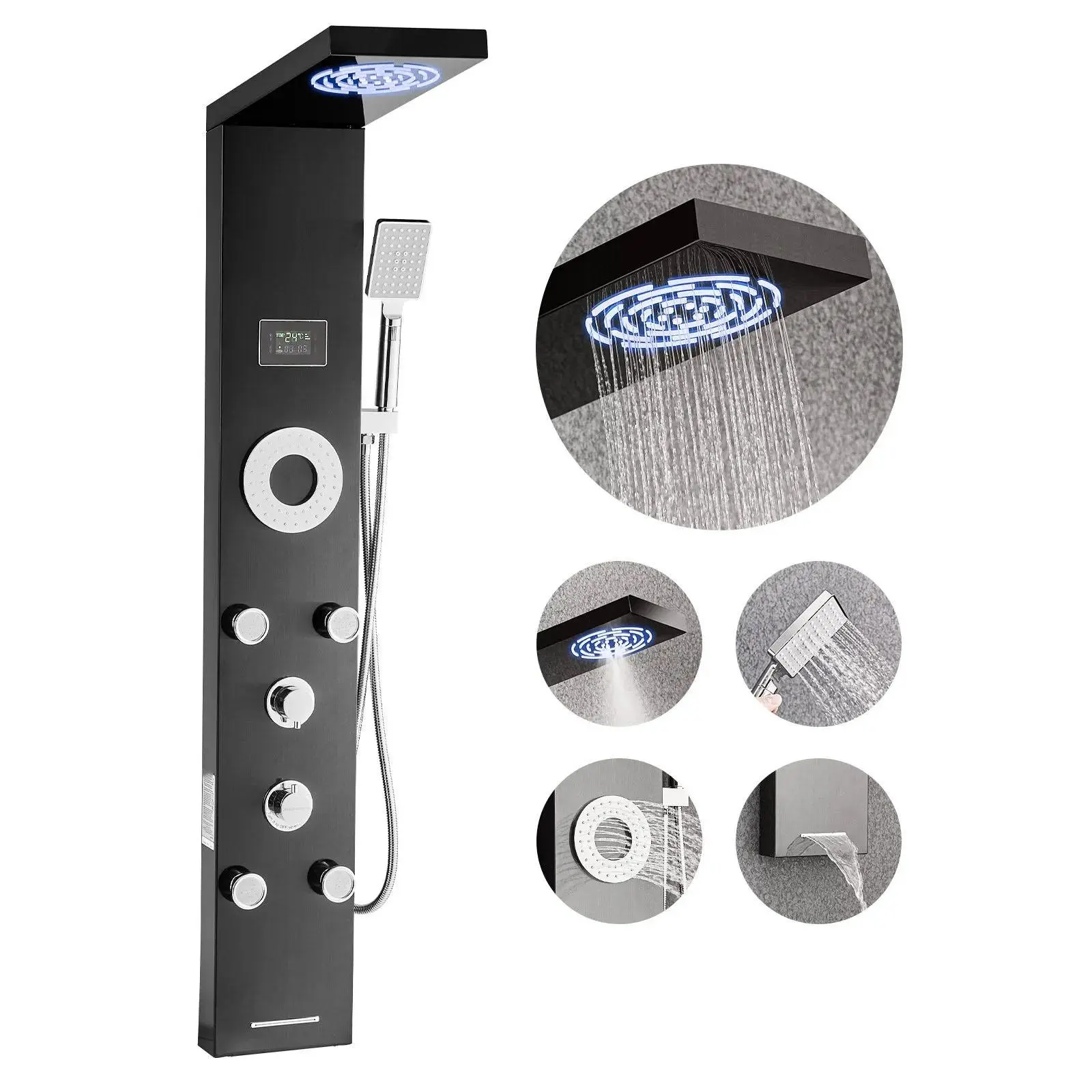 53-Inch Brushed Stainless Steel Wall-Mount Shower Panel Tower System, 6-Function Faucet with Rainfall-Mist Dual Spray, LED Temp Display, 5 Body Massage Jets, Handheld Shower, Tub Waterfall Spout