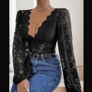 Janae Bodysuit - Stretch Bodysuit with Lace Detailing Black Long Sleeve Top 95% Polyester 5% Spandex