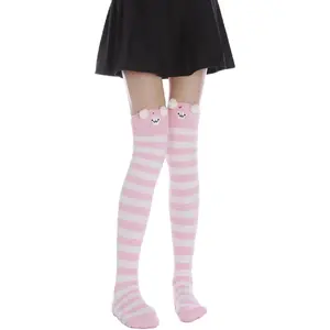 Thigh High Fuzzy Socks Cute  Coral Fleece Over the  Thigh High Long Stockings Warm Stripe
