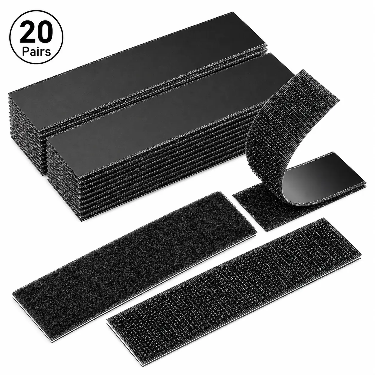 20 Pairs Self-Adhesive Hook and Loop Strips, Heavy Duty Double-Sided Fastener Tape, Reusable Black Mounting Strips for Wall Hanging, Cable Organization, DIY Home & Office Projects