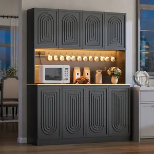 71" Tall Kitchen Pantry with Power Outlet & LED Light, 48“ Wide Kitchen Hutch Cabinet with Adjustable Shelf, LargeModern Buffet Cabinet with 8 Doors, Food Pantry Storage with 8 Doors