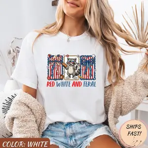 Red White And Feral Raccoon 4th Of July Funny Raccoon Hot Dog T Shirt Casual Daily Wear Tee For Men & Women, Apparel Made In The USA