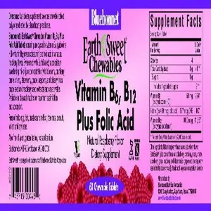 Bluebonnet Earth Sweet Vitamin B-6, B-12, Plus Folic Acid Tablets, Raspberry, 60 Count