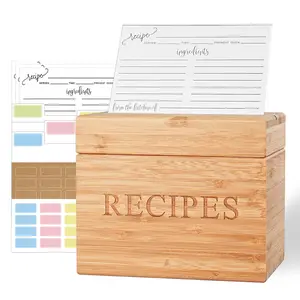 Recipe Box, Acacia Bamboo Pine Wood Recipe Holder 4x6, Recipe Organizer with 50 Cards and 12 Dividers, Wooden Box for Kitchen Countertop