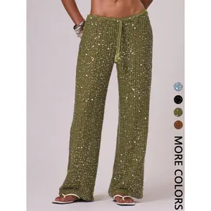 Women's Bohemian Style Beach Pants, Elegant Summer Sequined Long Trousers, Fashionable Holiday Wear, Ladies' Casual Fitted Womenswear