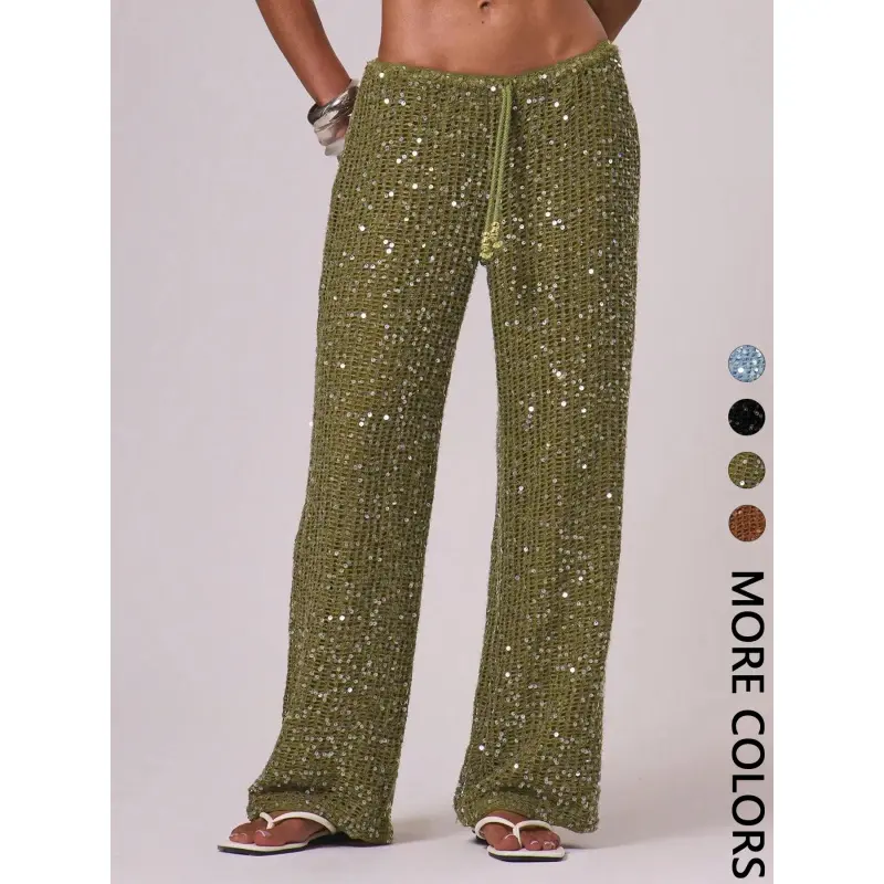 Women's Bohemian Style Beach Pants, Elegant Summer Sequined Long Trousers, Fashionable Holiday Wear, Ladies' Casual Fitted Womenswear
