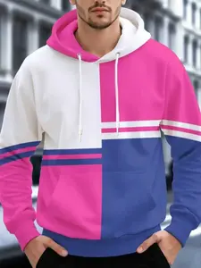 Men's Blue Colorblock Hoodie, Soft Comfortable Fabric, Full Zipper Design, Casual Streetwear, Trendy Pullover