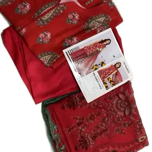 3 pcs Linen Dress with Floral Print and Rich Red Color for Women