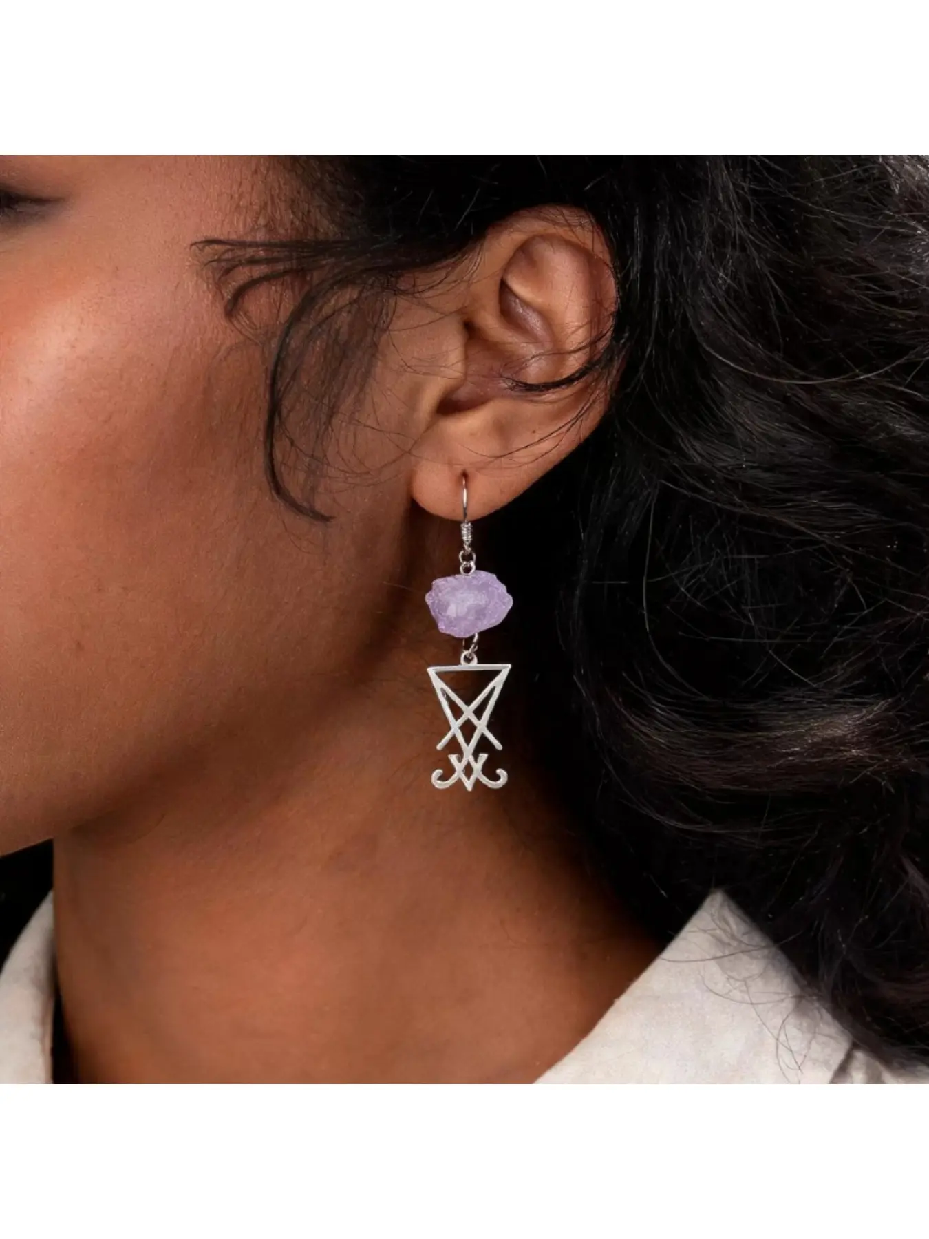 Natural Raw Amethyst Earrings Mystical Symbol Craft Dark Trendy Ins Style Earrings Niche Stylish Accessories For Cool Girls Daily Wear Unique Design Earrings