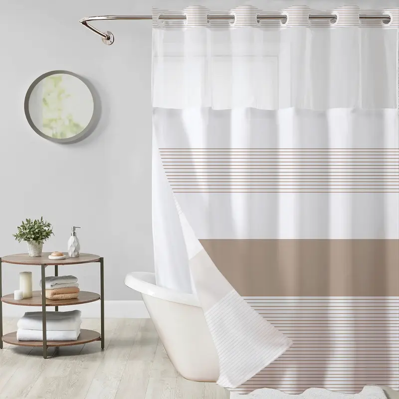Striped geometric double-layer shower curtain, mesh top window, hook-free design, easy installation, farmhouse, hotel, modern home decoration, 72x75in