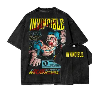 Invincible Graphic Tee Distressed Vintage Acid Washed T-Shirt Casual Unisex Oversized Fit Comic Book Superhero Shirt Mens Streetwear Retro Anime Apparel Y2K Fashion Edgy Bloody Action Hero Top For Fans Everyday Summer Wear Gift For Gamers