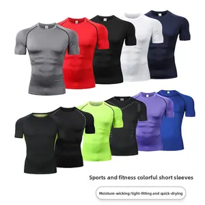 Summer men's t-shirt sports fitness clothes tight  sleeves high elastic breathable quick drying ice silk  bottoming training clothes compression gunwook gym clothing men gaiter pro bass