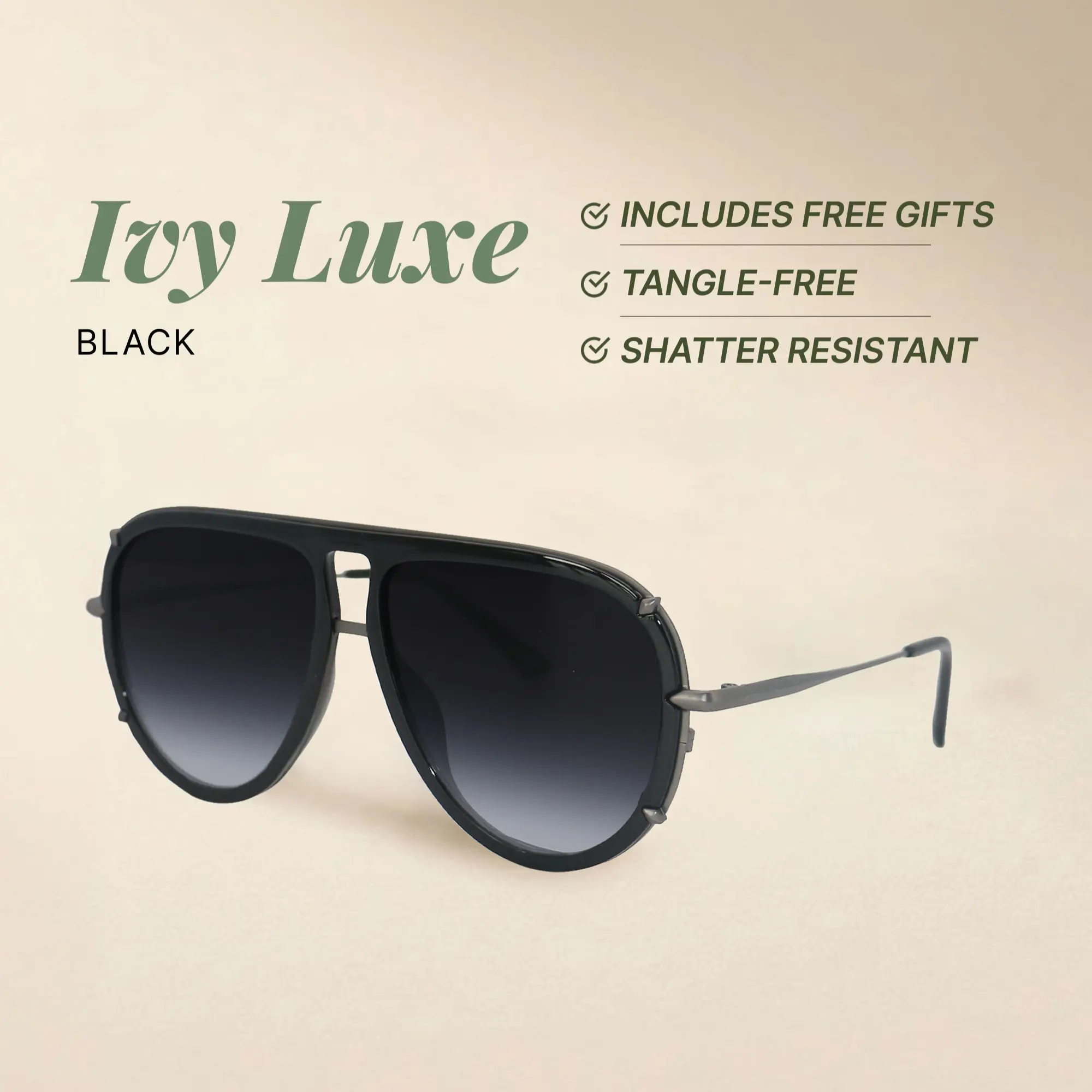 Ivy Luxe - Black - Tangle Free Round Aviator Sunglasses - Certified Shatter-Resistant Lenses - UV400 - For Women & Men