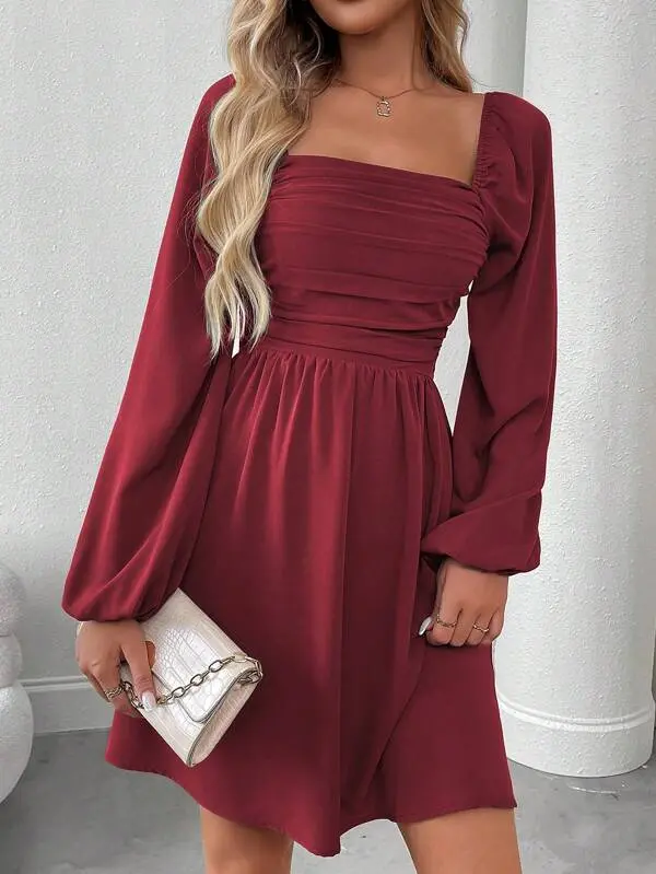 Women's Square Neck Lantern Sleeve Pleated Mini Dress  Elegant Solid Color  Autumn Outfit in Burgundy  Fall Fashion Short Dress for Dates & Parties -  TikTok Shop